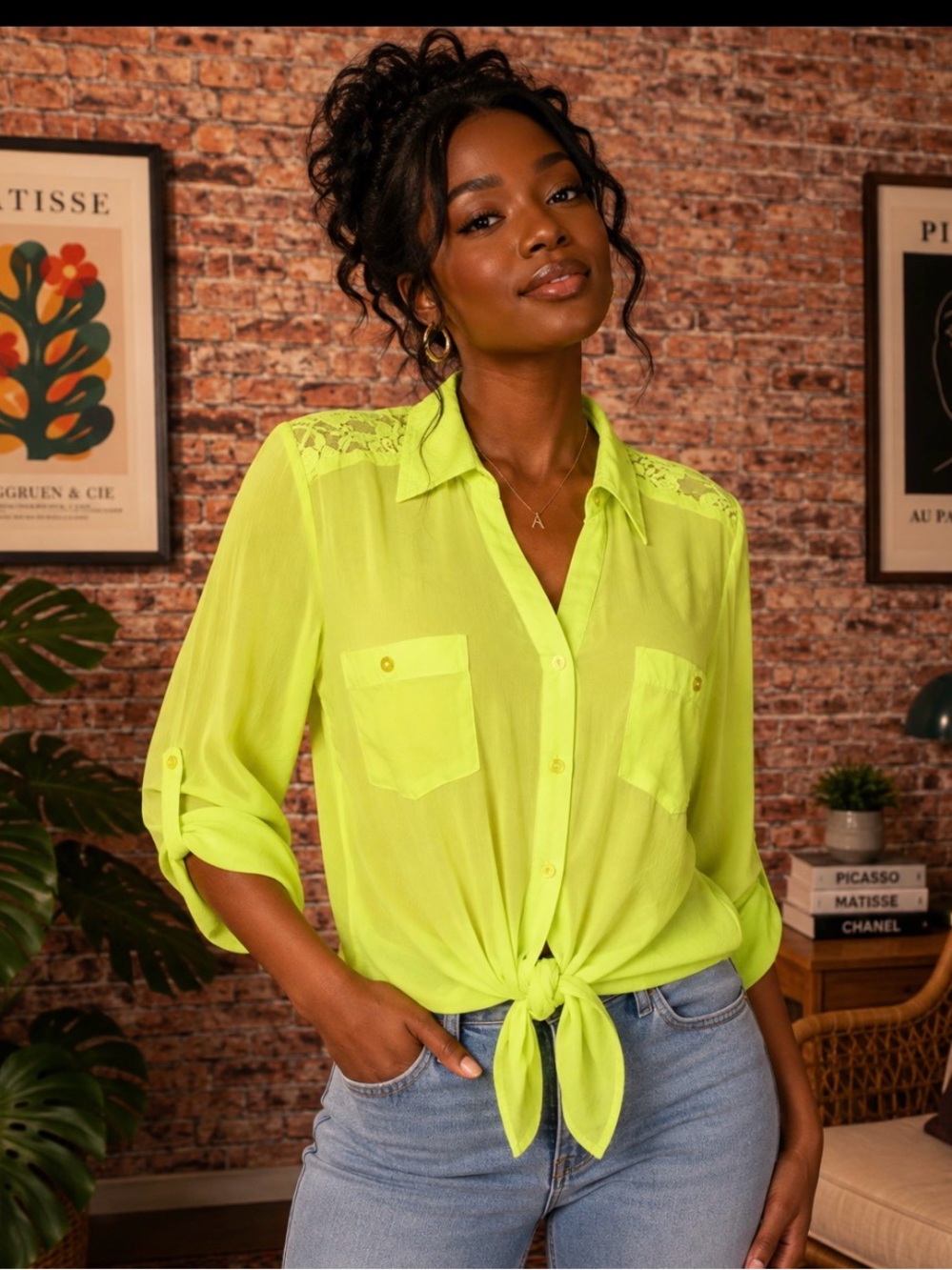 l.e.i. Y2K Neon Chartreuse  Button Down Blouse